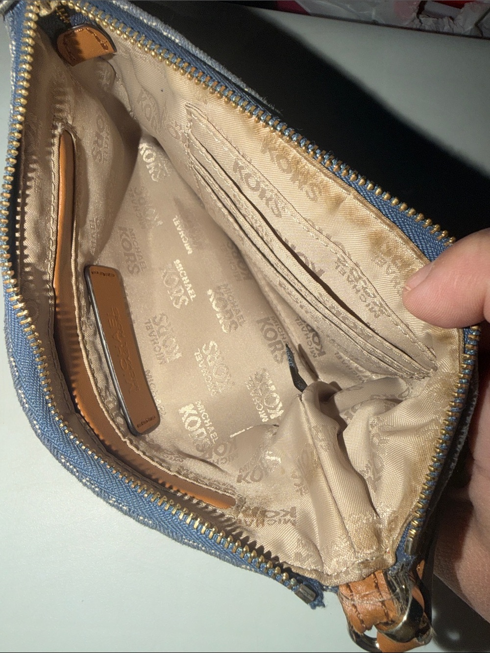 Michael Kors Denim MK Monogram Wristlet Clutch with Tan Strap - Picture 3 of 6